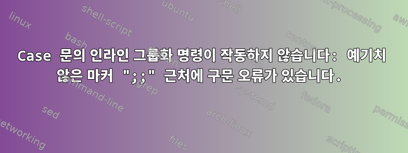 Case 문의 인라인 그룹화 명령이 작동하지 않습니다: 예기치 않은 마커 ";;" 근처에 구문 오류가 있습니다.