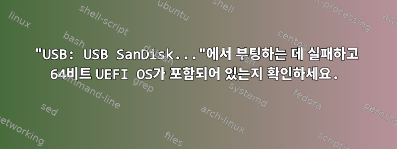 "USB: USB SanDisk..."에서 부팅하는 데 실패하고 64비트 UEFI OS가 포함되어 있는지 확인하세요.