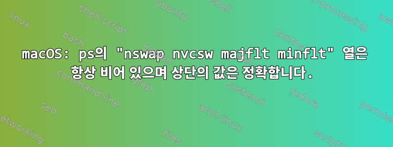 macOS: ps의 "nswap nvcsw majflt minflt" 열은 항상 비어 있으며 상단의 값은 정확합니다.