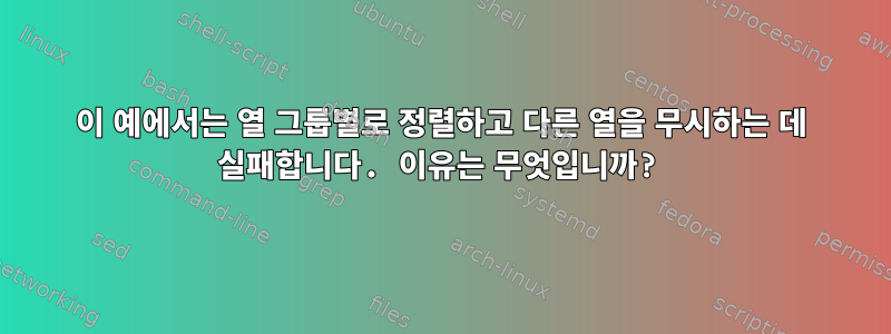 이 예에서는 열 그룹별로 정렬하고 다른 열을 무시하는 데 실패합니다. 이유는 무엇입니까?