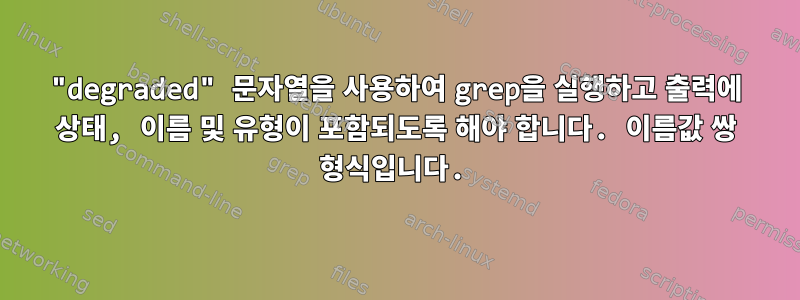 "degraded" 문자열을 사용하여 grep을 실행하고 출력에 상태, 이름 및 유형이 포함되도록 해야 합니다. 이름값 쌍 형식입니다.