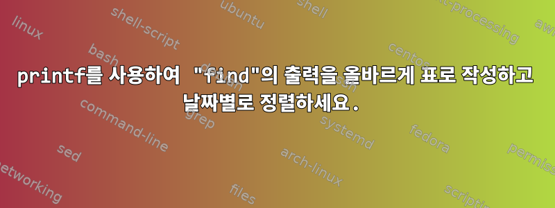 printf를 사용하여 "find"의 출력을 올바르게 표로 작성하고 날짜별로 정렬하세요.