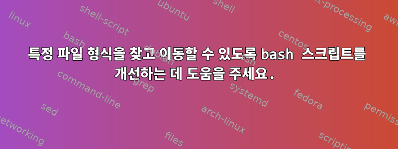 특정 파일 형식을 찾고 이동할 수 있도록 bash 스크립트를 개선하는 데 도움을 주세요.