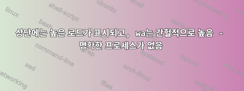 상단에는 높은 로드가 표시되고, wa는 간헐적으로 높음 - 명확한 프로세스가 없음