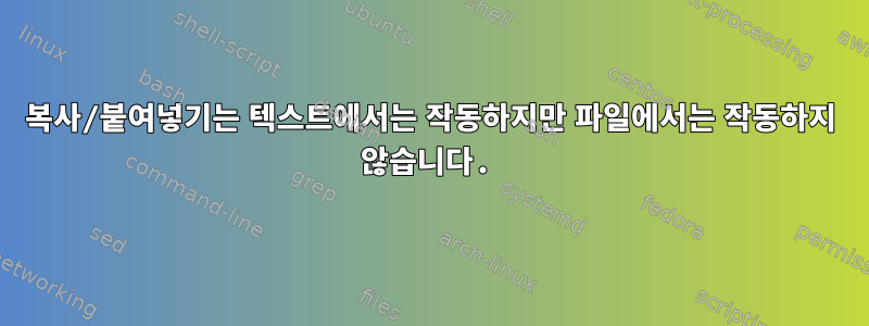 복사/붙여넣기는 텍스트에서는 작동하지만 파일에서는 작동하지 않습니다.