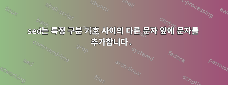 sed는 특정 구분 기호 사이의 다른 문자 앞에 문자를 추가합니다.