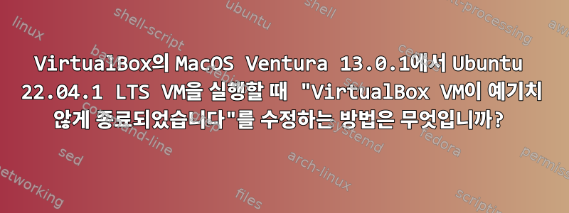 VirtualBox의 MacOS Ventura 13.0.1에서 Ubuntu 22.04.1 LTS VM을 실행할 때 "VirtualBox VM이 예기치 않게 종료되었습니다"를 수정하는 방법은 무엇입니까?