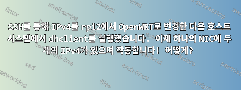 SSH를 통해 IPv4를 rpi2에서 OpenWRT로 변경한 다음 호스트 시스템에서 dhclient를 실행했습니다. 이제 하나의 NIC에 두 개의 IPv4가 있으며 작동합니다! 어떻게?