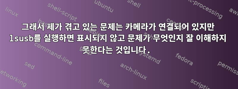 그래서 제가 겪고 있는 문제는 카메라가 연결되어 있지만 lsusb를 실행하면 표시되지 않고 문제가 무엇인지 잘 이해하지 못한다는 것입니다.