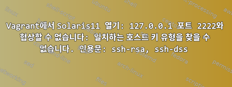 Vagrant에서 Solaris11 열기: 127.0.0.1 포트 2222와 협상할 수 없습니다: 일치하는 호스트 키 유형을 찾을 수 없습니다. 인용문: ssh-rsa, ssh-dss