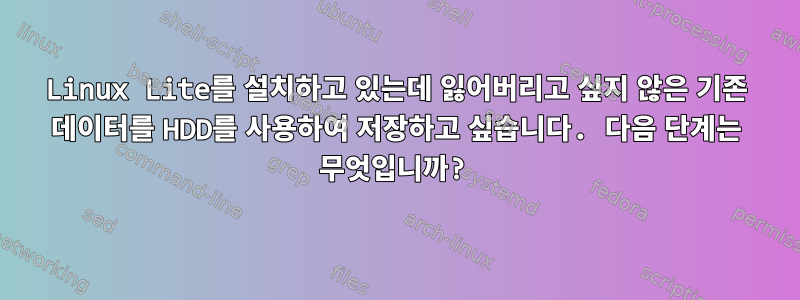 Linux Lite를 설치하고 있는데 잃어버리고 싶지 않은 기존 데이터를 HDD를 사용하여 저장하고 싶습니다. 다음 단계는 무엇입니까?