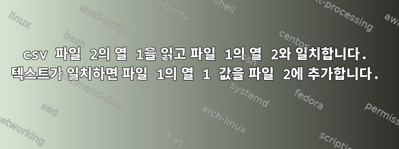 csv 파일 2의 열 1을 읽고 파일 1의 열 2와 일치합니다. 텍스트가 일치하면 파일 1의 열 1 값을 파일 2에 추가합니다.