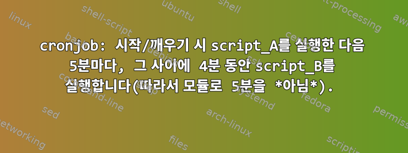 cronjob: 시작/깨우기 시 script_A를 실행한 다음 5분마다, 그 사이에 4분 동안 script_B를 실행합니다(따라서 모듈로 5분을 *아님*).