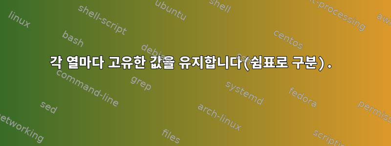 각 열마다 고유한 값을 유지합니다(쉼표로 구분).