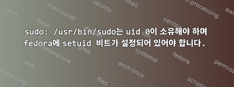 sudo: /usr/bin/sudo는 uid 0이 소유해야 하며 fedora에 setuid 비트가 설정되어 있어야 합니다.