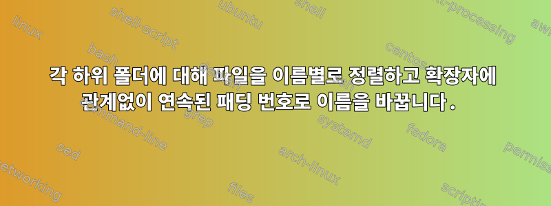 각 하위 폴더에 대해 파일을 이름별로 정렬하고 확장자에 관계없이 연속된 패딩 번호로 이름을 바꿉니다.