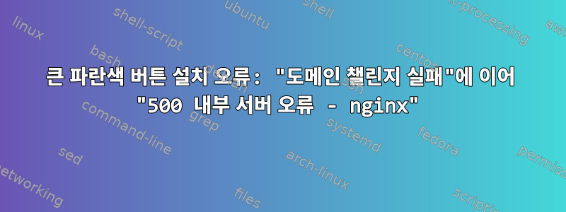 큰 파란색 버튼 설치 오류: "도메인 챌린지 실패"에 이어 "500 내부 서버 오류 - nginx"