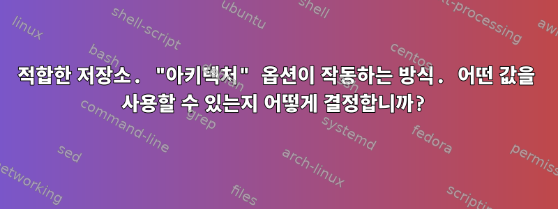 적합한 저장소. "아키텍처" 옵션이 작동하는 방식. 어떤 값을 사용할 수 있는지 어떻게 결정합니까?