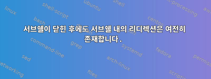 서브쉘이 닫힌 후에도 서브쉘 내의 리디렉션은 여전히 ​​존재합니다.