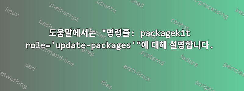 도움말에서는 "명령줄: packagekit role='update-packages'"에 대해 설명합니다.