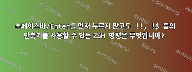 스페이스바/Enter를 먼저 누르지 않고도 !!, !$ 등의 단축키를 사용할 수 있는 ZSH 명령은 무엇입니까?