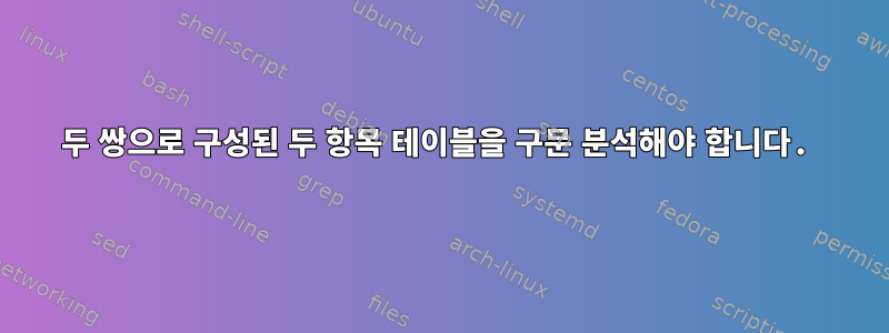 두 쌍으로 구성된 두 항목 테이블을 구문 분석해야 합니다.