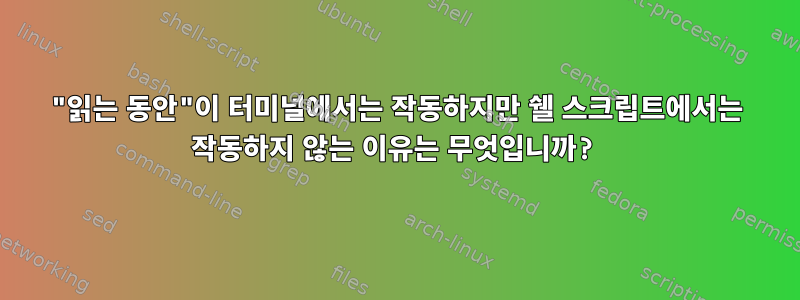 "읽는 동안"이 터미널에서는 작동하지만 쉘 스크립트에서는 작동하지 않는 이유는 무엇입니까?