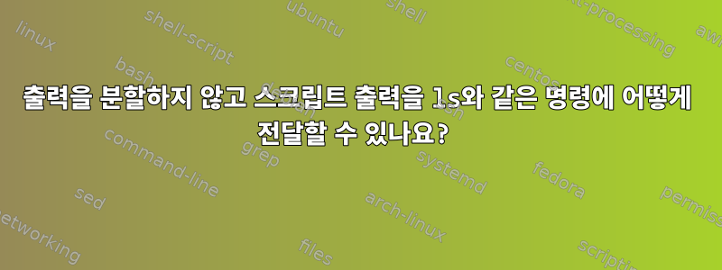 출력을 분할하지 않고 스크립트 출력을 ls와 같은 명령에 어떻게 전달할 수 있나요?