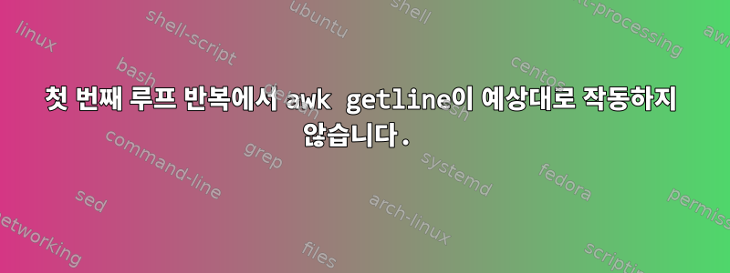 첫 번째 루프 반복에서 awk getline이 예상대로 작동하지 않습니다.