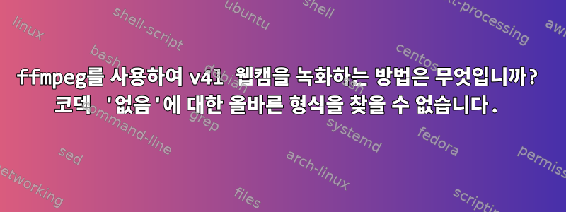 ffmpeg를 사용하여 v4l 웹캠을 녹화하는 방법은 무엇입니까? 코덱 '없음'에 대한 올바른 형식을 찾을 수 없습니다.