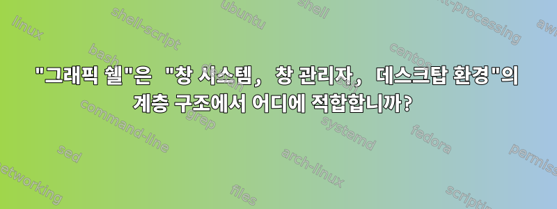 "그래픽 쉘"은 "창 시스템, 창 관리자, 데스크탑 환경"의 계층 구조에서 어디에 적합합니까?