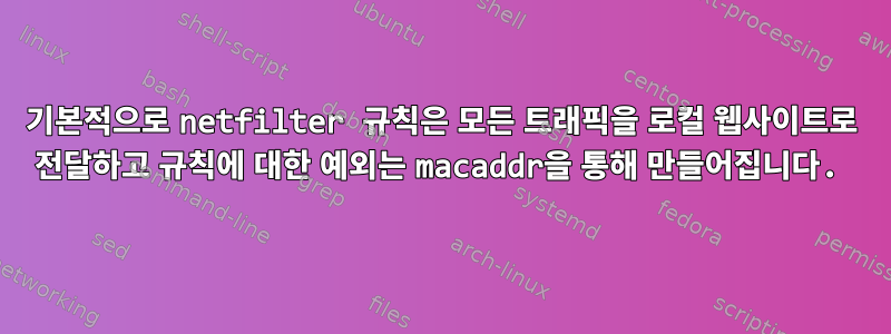 기본적으로 netfilter 규칙은 모든 트래픽을 로컬 웹사이트로 전달하고 규칙에 대한 예외는 macaddr을 통해 만들어집니다.