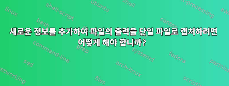 새로운 정보를 추가하여 파일의 출력을 단일 파일로 캡처하려면 어떻게 해야 합니까?