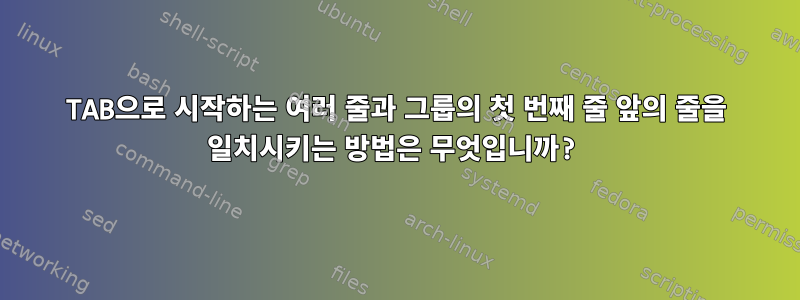 TAB으로 시작하는 여러 줄과 그룹의 첫 번째 줄 앞의 줄을 일치시키는 방법은 무엇입니까?