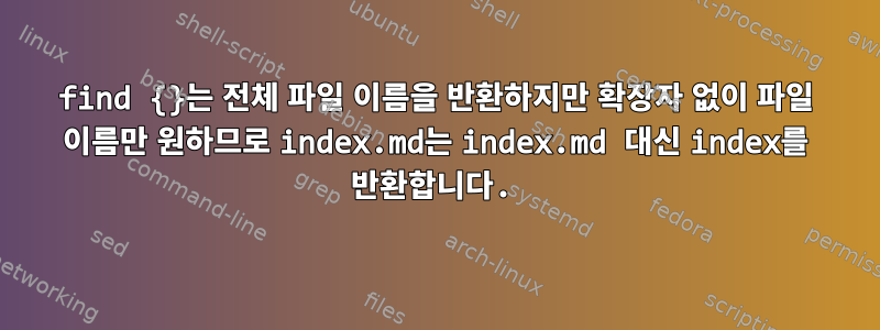 find {}는 전체 파일 이름을 반환하지만 확장자 없이 파일 이름만 원하므로 index.md는 index.md 대신 index를 반환합니다.