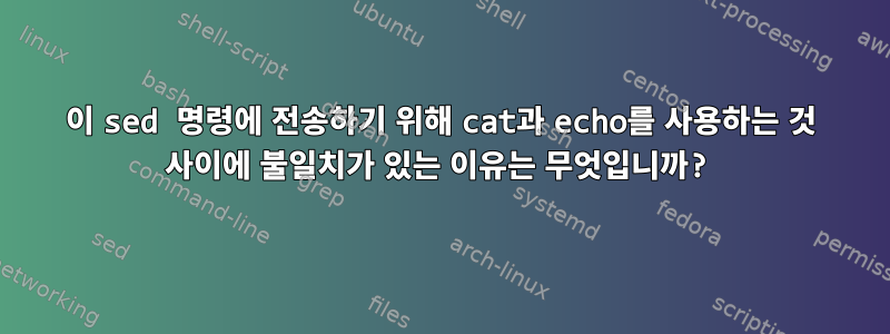 이 sed 명령에 전송하기 위해 cat과 echo를 사용하는 것 사이에 불일치가 있는 이유는 무엇입니까?