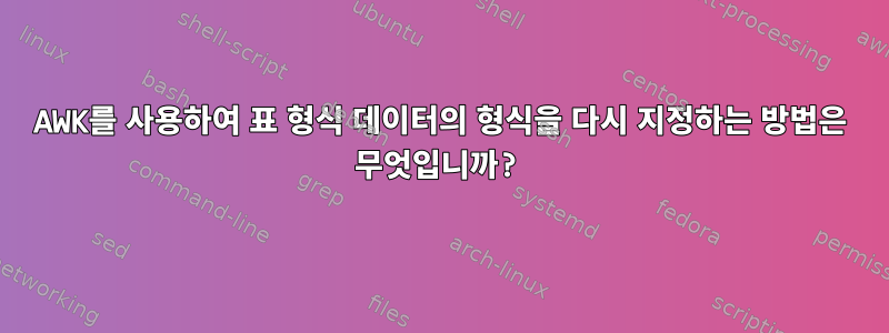 AWK를 사용하여 표 형식 데이터의 형식을 다시 지정하는 방법은 무엇입니까?