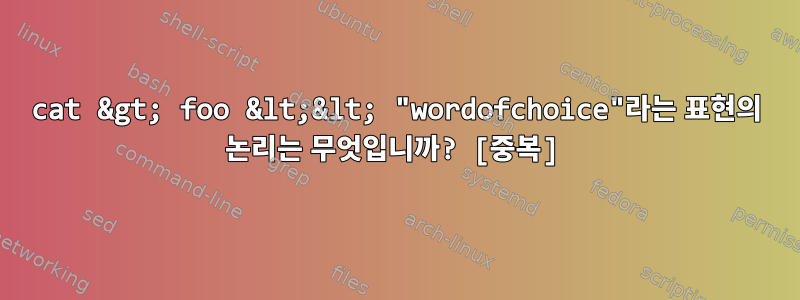 cat &gt; foo &lt;&lt; "wordofchoice"라는 표현의 논리는 무엇입니까? [중복]