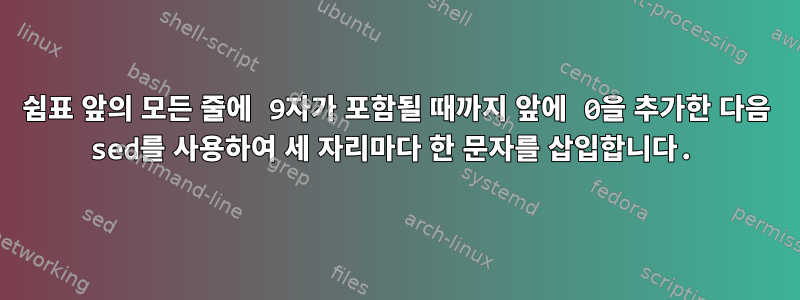 쉼표 앞의 모든 줄에 9자가 포함될 때까지 앞에 0을 추가한 다음 sed를 사용하여 세 자리마다 한 문자를 삽입합니다.