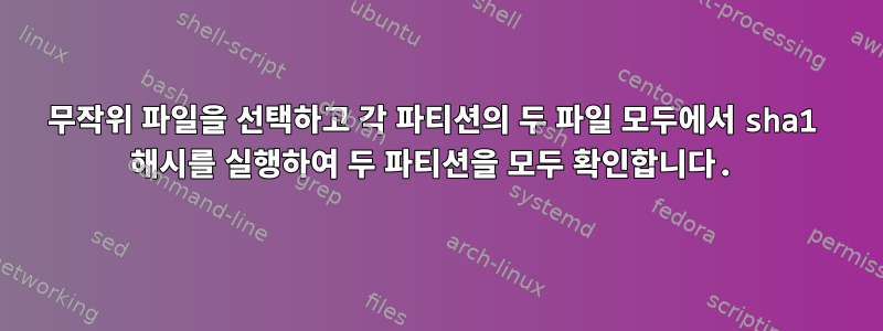 무작위 파일을 선택하고 각 파티션의 두 파일 모두에서 sha1 해시를 실행하여 두 파티션을 모두 확인합니다.