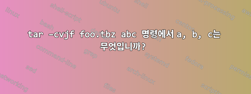 tar –cvjf foo.tbz abc 명령에서 a, b, c는 무엇입니까?