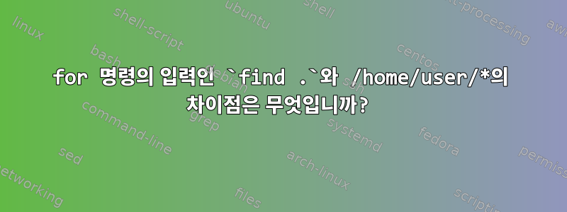 for 명령의 입력인 `find .`와 /home/user/*의 차이점은 무엇입니까?