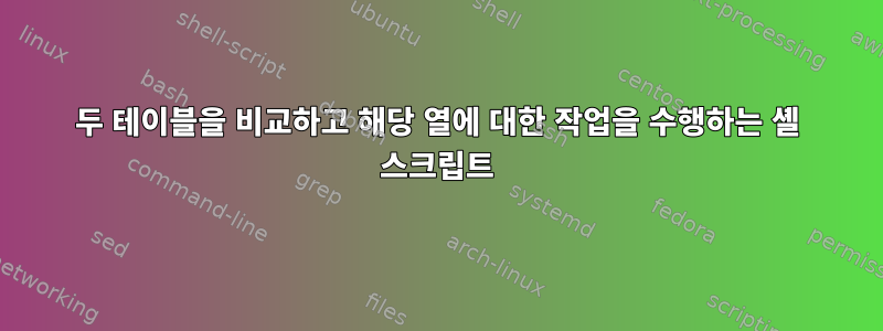 두 테이블을 비교하고 해당 열에 대한 작업을 수행하는 셸 스크립트