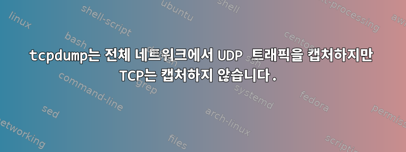 tcpdump는 전체 네트워크에서 UDP 트래픽을 캡처하지만 TCP는 캡처하지 않습니다.