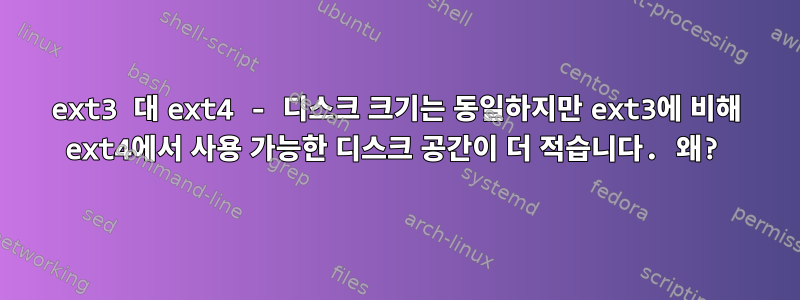 ext3 대 ext4 - 디스크 크기는 동일하지만 ext3에 비해 ext4에서 사용 가능한 디스크 공간이 더 적습니다. 왜?