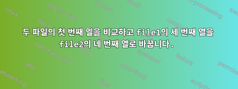 두 파일의 첫 번째 열을 비교하고 file1의 세 번째 열을 file2의 네 번째 열로 바꿉니다.