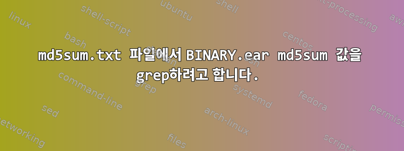 md5sum.txt 파일에서 BINARY.ear md5sum 값을 grep하려고 합니다.