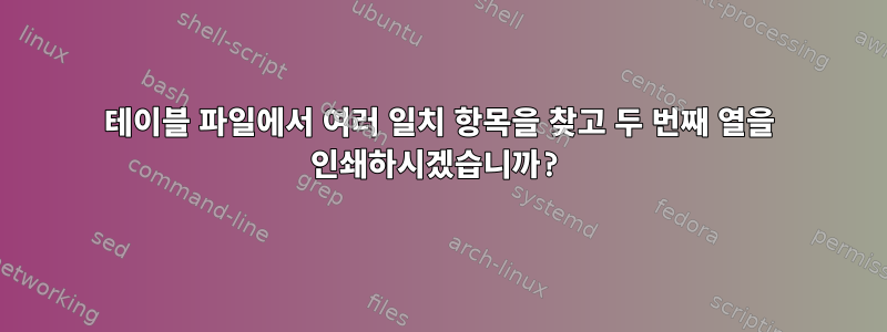 테이블 파일에서 여러 일치 항목을 찾고 두 번째 열을 인쇄하시겠습니까?