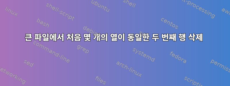 큰 파일에서 처음 몇 개의 열이 동일한 두 번째 행 삭제