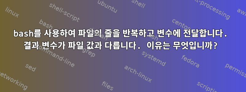 bash를 사용하여 파일의 줄을 반복하고 변수에 전달합니다. 결과 변수가 파일 값과 다릅니다. 이유는 무엇입니까?